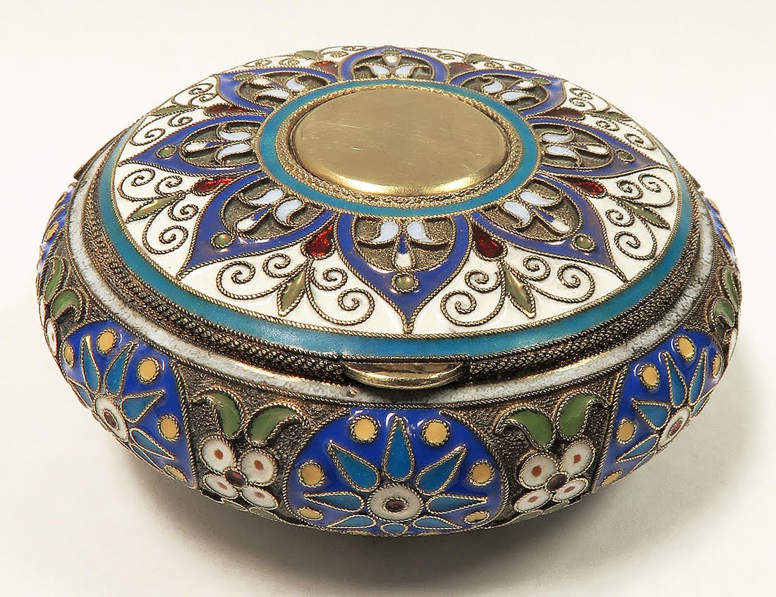 IMPERIAL RUSSIAN SILVER and Cloisonné ENAMEL BOX: IMPERIAL RUSSIAN SILVER and Cloisonné ENAMEL BOX by Brothers Grachev, St. Petersburg, 88 standard - W 2.5 X H 1.1