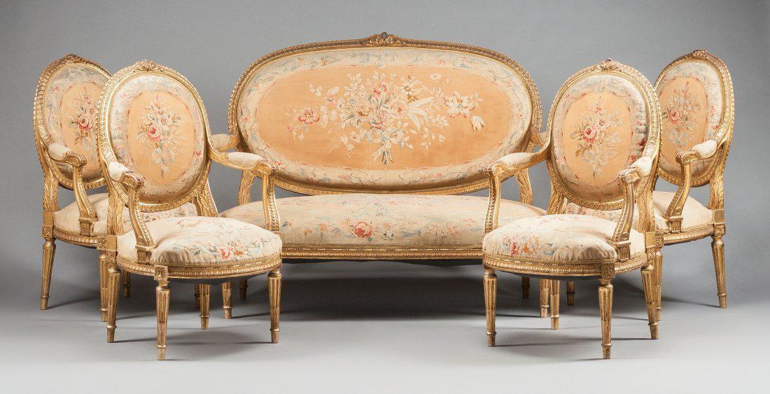 19th C. Aubusson Tapestry 5 Piece Gilt Wood Salon Set (1 of 3)