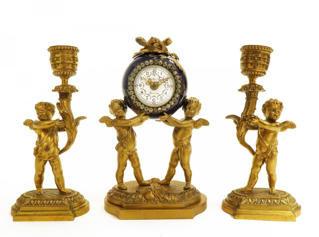 19th C. French Porcelain and Figural Bronze Clock Set (1 of 6)