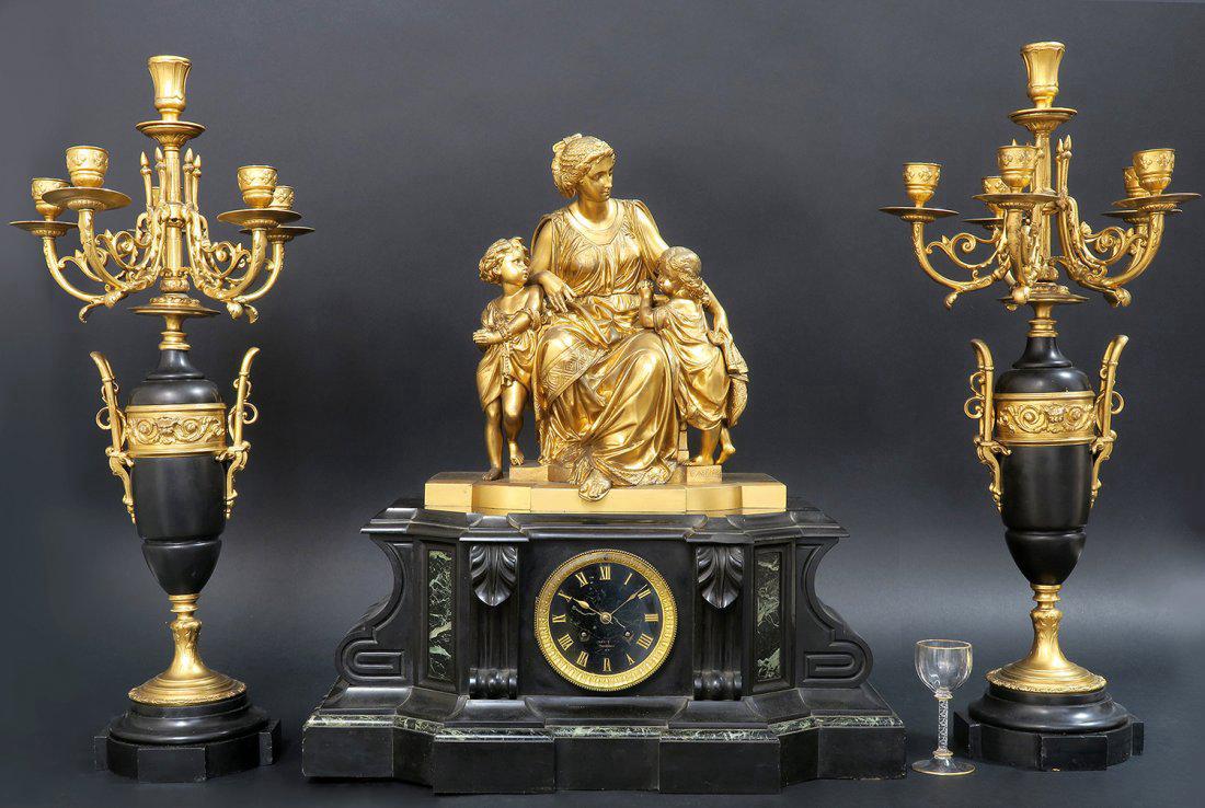 Large French Bronze & Marble Clock Set. Bronze By Alber (1 of 10)