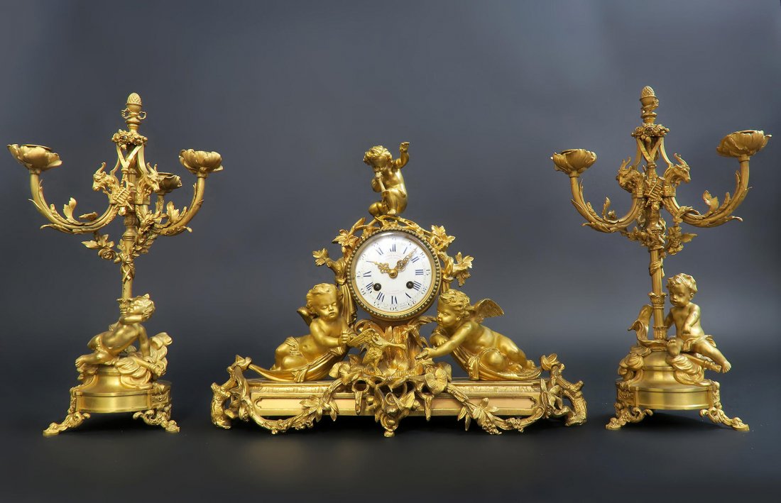 Very Fine 19th C French Figural Bronze Clock Set (1 of 10)