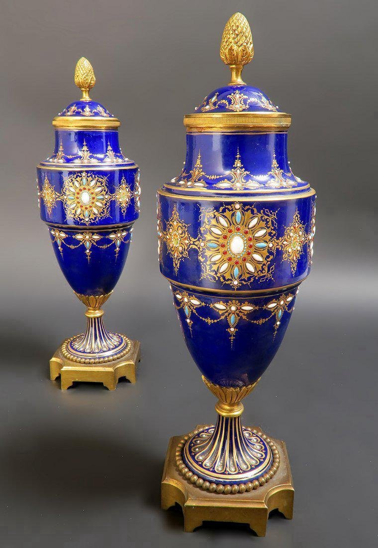 Pair of French Sevres Porcelain Jeweled Enameled Vases (1 of 4)