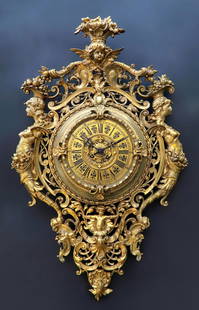 Large 19th C. Tiffany & Co. Cartel (Wall) Clock: Large 19th Tiffany & Co. century wall clock, gilt bronze, clock case stamped "Tiffany & Co.," movement stamped "Lenzkirch," circa 1875-1880, with pendulum and key included, 28 1/2" high x 19" wide. Pr