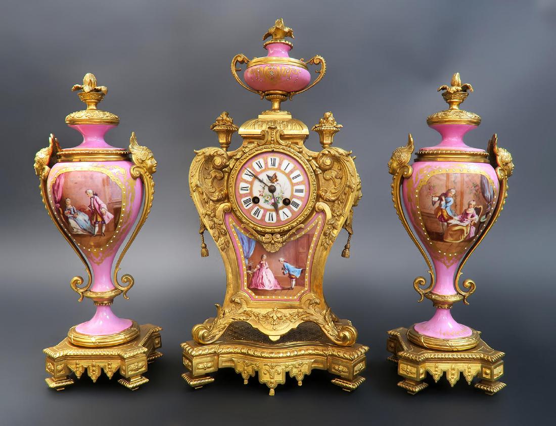 Magnificent French Bronze & Sevres Clock Set (1 of 9)