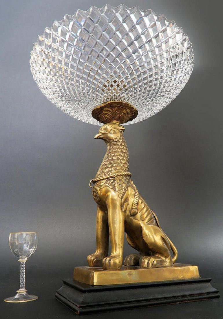 French Bronze Griffin Figural & Crystal Centerpiece: French Bronze Figural & Crystal Centerpiece H 15.3" x W 11"