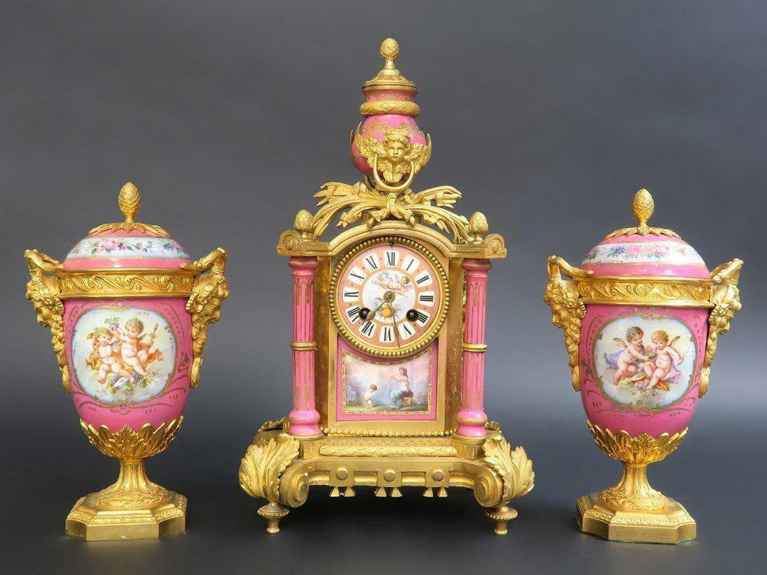 19th C. French Bronze & Sevres Porcelain Clock Set (1 of 8)