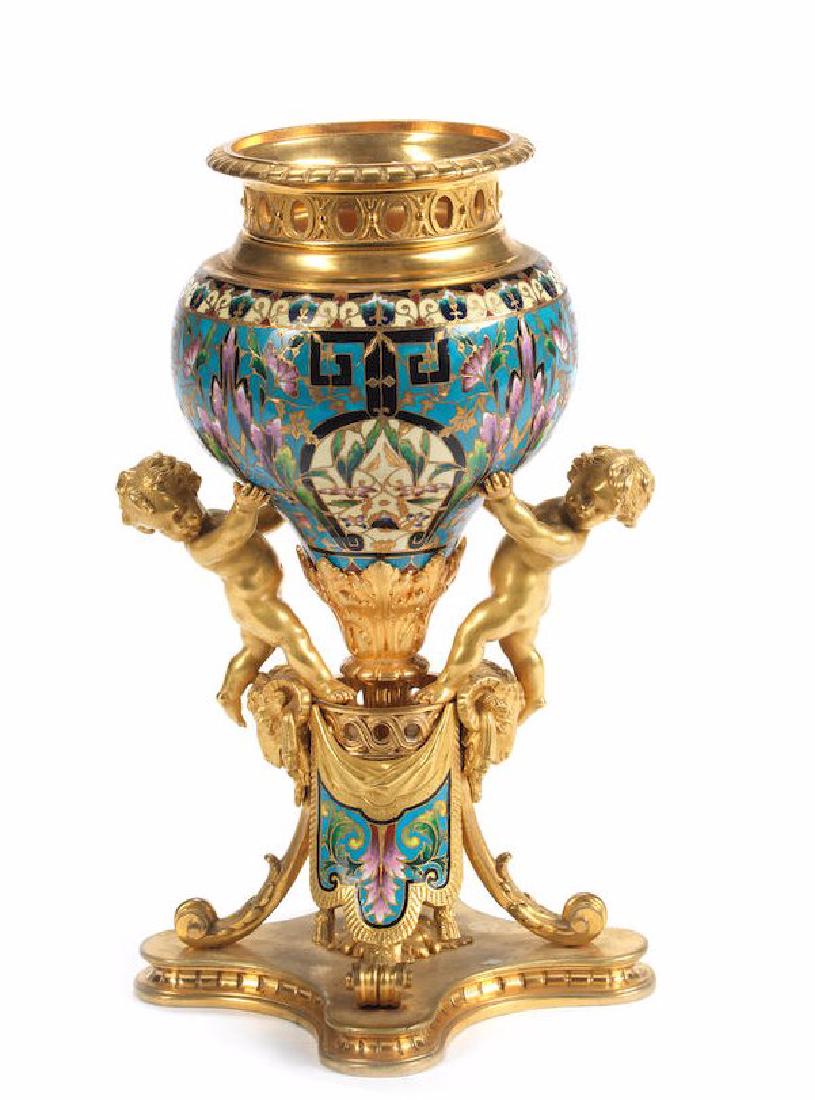 A FRENCH GILT BRONZE AND CHAMPLEVE ENAMEL FIGURAL VASE (1 of 1)