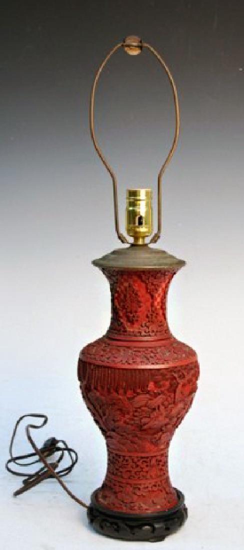 Carved cinnabar vase mounted as lamp (1 of 10)