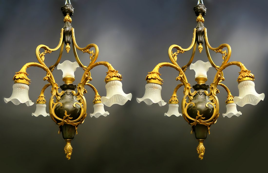 19th C. Pair of French Bronze 5 Light Chandelier (1 of 2)