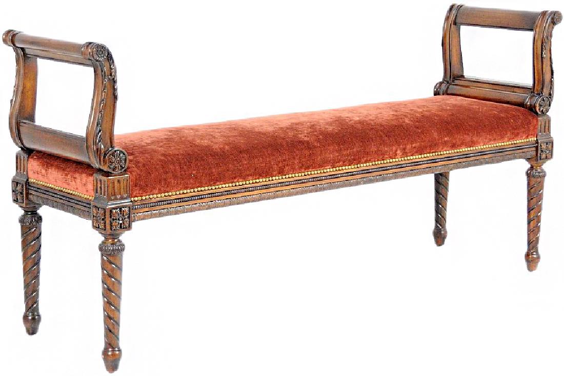 LOUIS XVI STYLE CARVED BENCH: LOUIS XVI STYLE CARVED BENCH. Nicely carved and decorated in the Louis xvi style. Curved open arms to each end with a raspberry velvet covering. Large enough to go at the foot of a King sized bed. 32