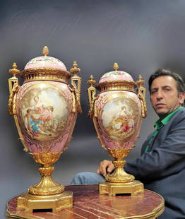 Very Large Pair of 19th C. French Sevres Vases: Pair Of 19th C. French Bronze Mounted Sevres Pink Porcelain Vases/Urns - H 17.5" x W 8"