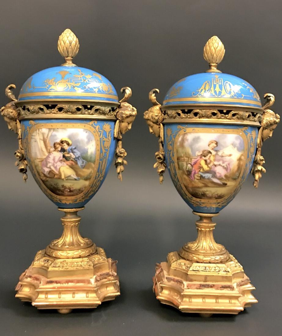 GILDED LARGE SEVRES ORMOLU VASES URNS GESSO STANDS (1 of 8)