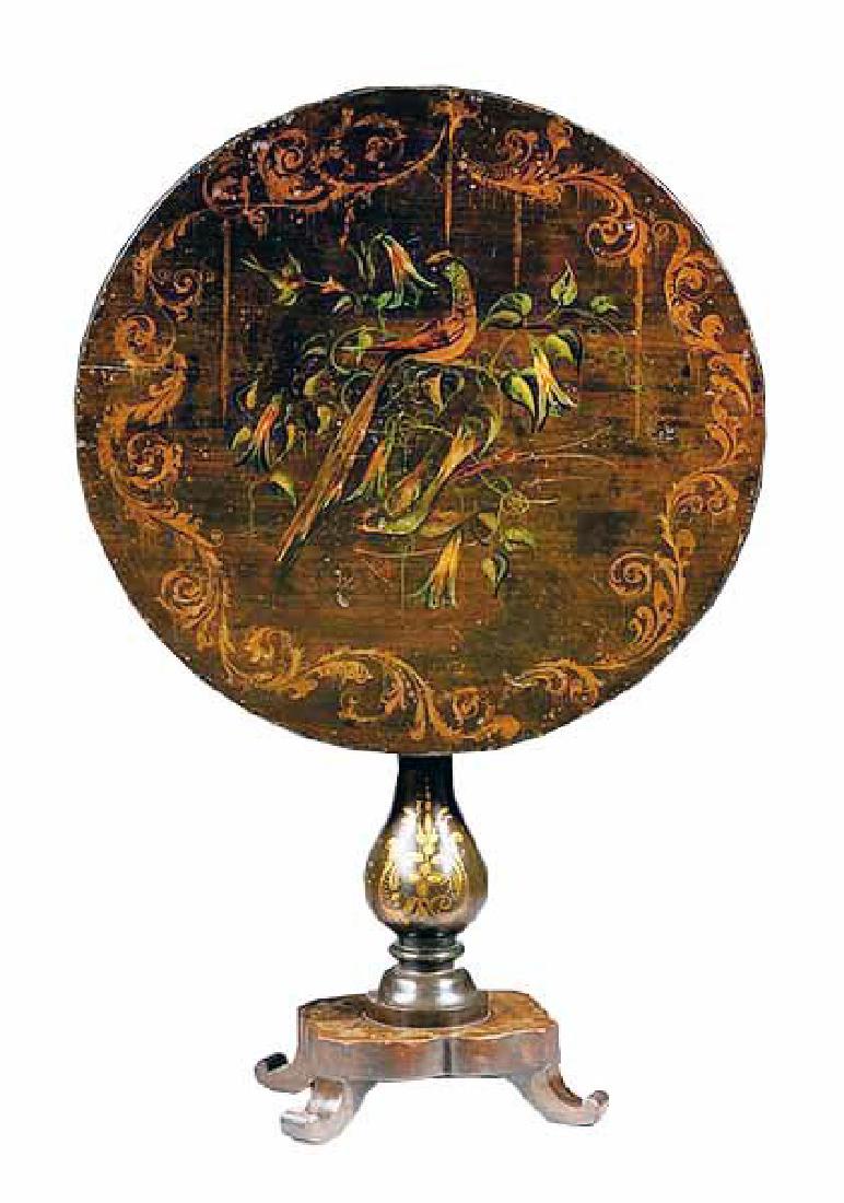 19th C. Continental Hand painted Tilt top Table: 19th C. Continental Hand painted Tilt top Table, beautifully hand painted with bird motif and scrolls of foliage. Measurements: 29.5"W x 28.5"H