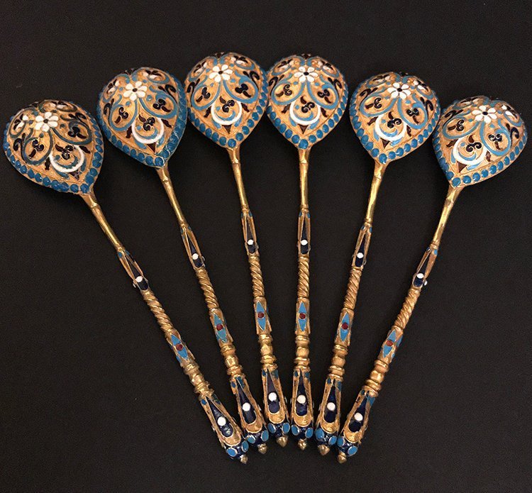 Russian silver 84 enamel.spoons 6 pcs (1 of 4)