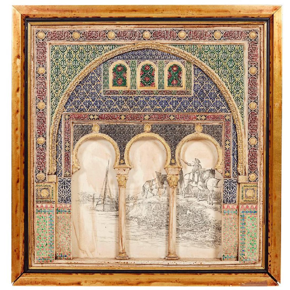 Plaster Wall Plaque the Alhambra Moorish Islamic Taste: Large Very nice plaster wall plaque depicting the Alhambra in Spain, in the Islamic taste. Within original gilt wood frame. Attributed to Rafael Contreras. Early 20th Century. Paint, Plaster. Measure: