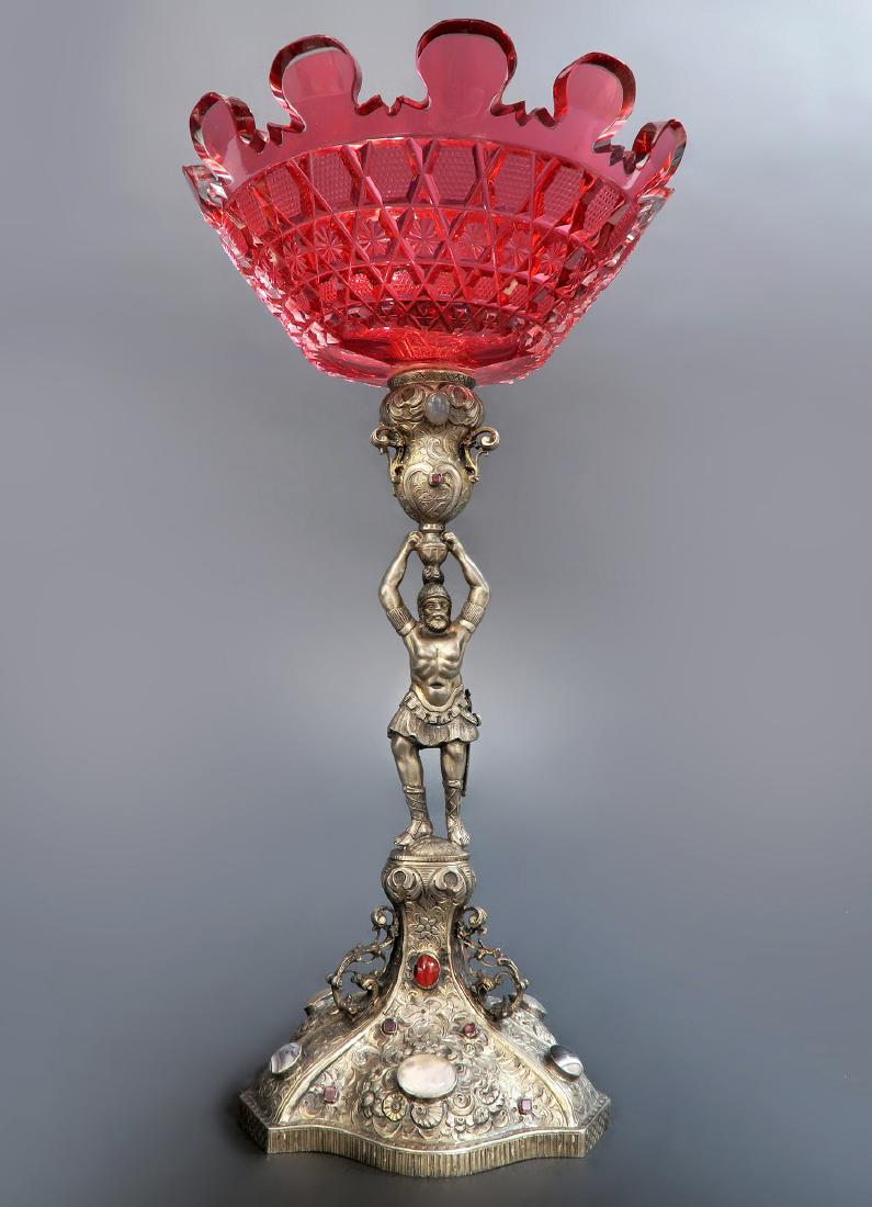 Imperial Russian Silver/Diamond Cut Crystal Centerpiece: VERY FINE Jeweled silver and clear cut glass Imperial Russian sculptural centerpiece. H 12" x W 7"