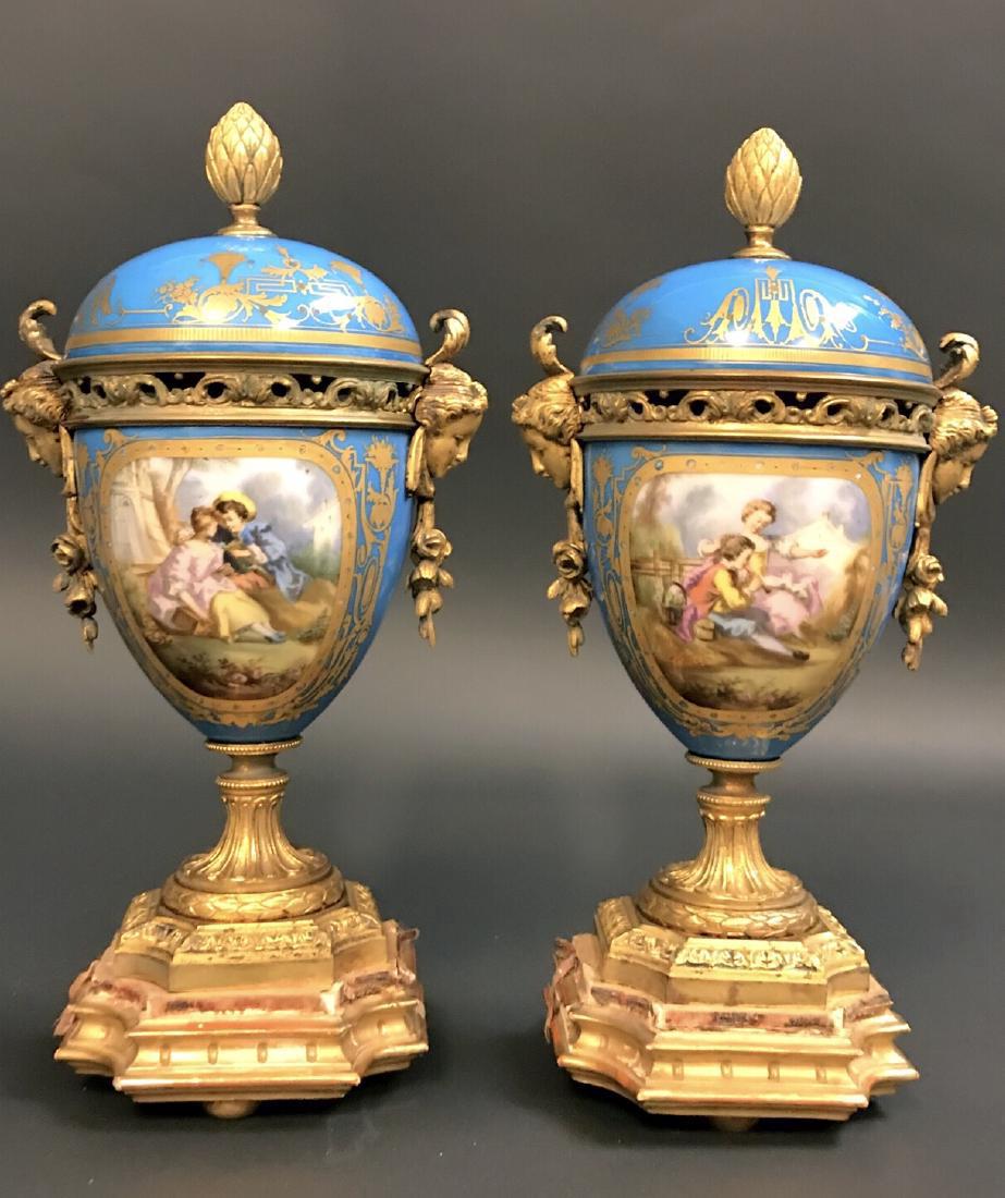 GILDED LARGE SEVRES ORMOLU VASES URNS GESSO STANDS (1 of 4)