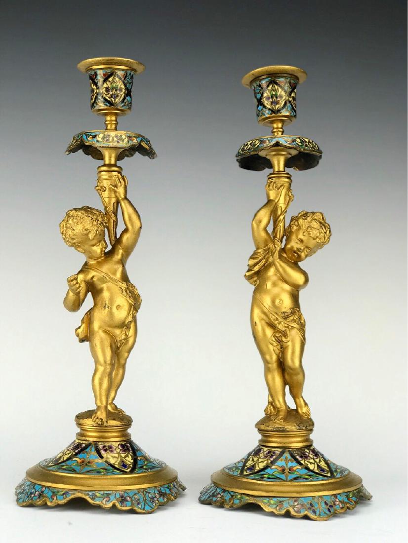 19th C. French Bronze & Champleve Enamel Candle Sticks (1 of 4)