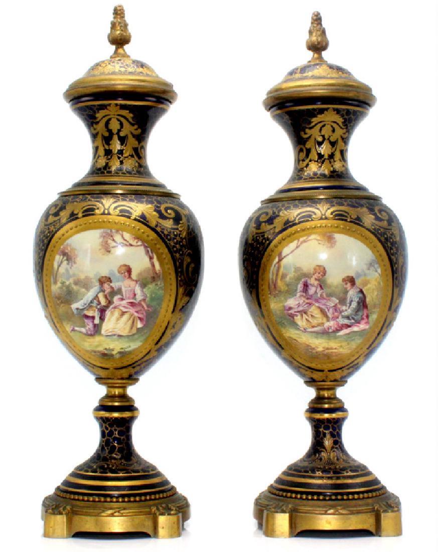 Pair of French Sevres & Bronze Covered Urns (1 of 3)