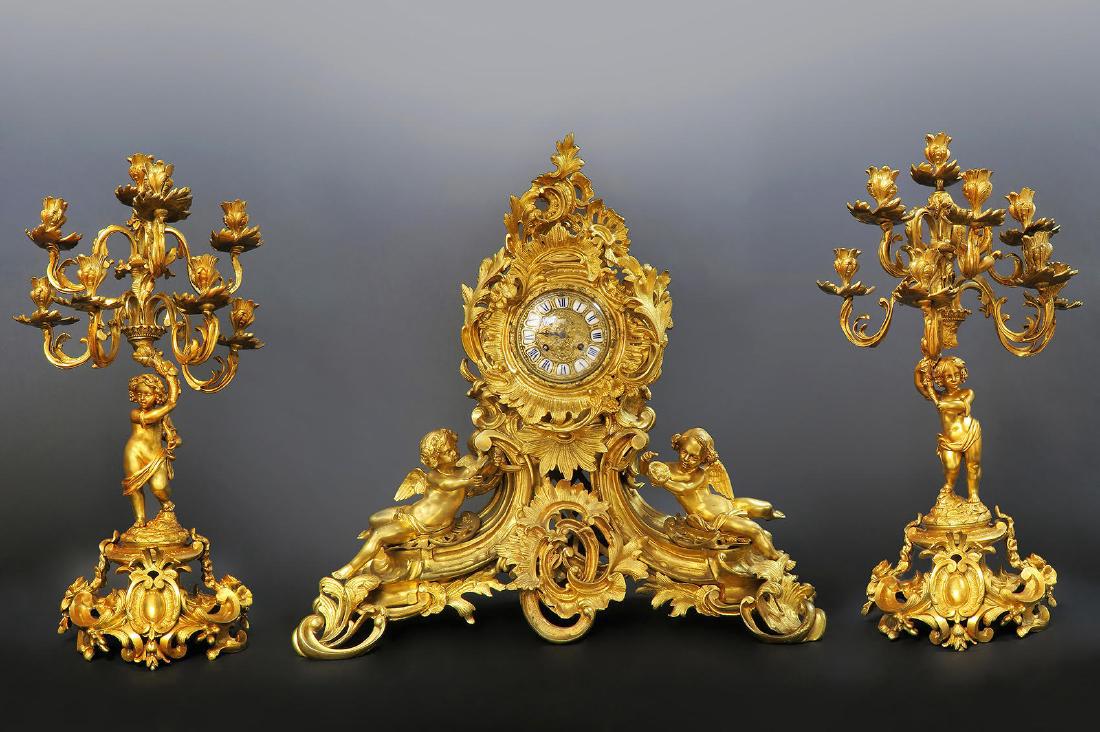 Large French Figural Bronze Clock Set. 19th C. (1 of 8)