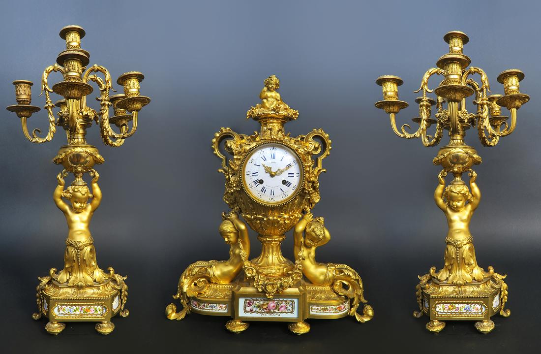 Fine French Sevres & Figural Bronze Clock Set (1 of 10)
