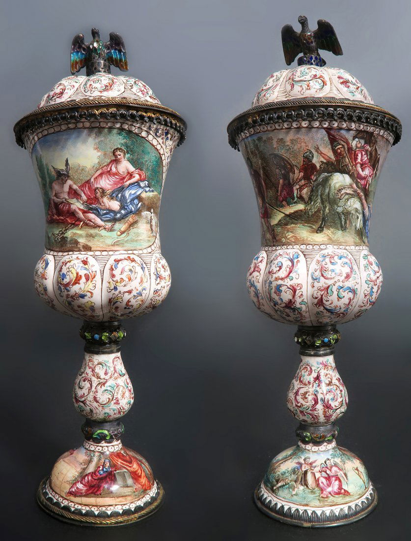 A Pair of Austrian/Viennese Enamel & Silver Urns (1 of 9)