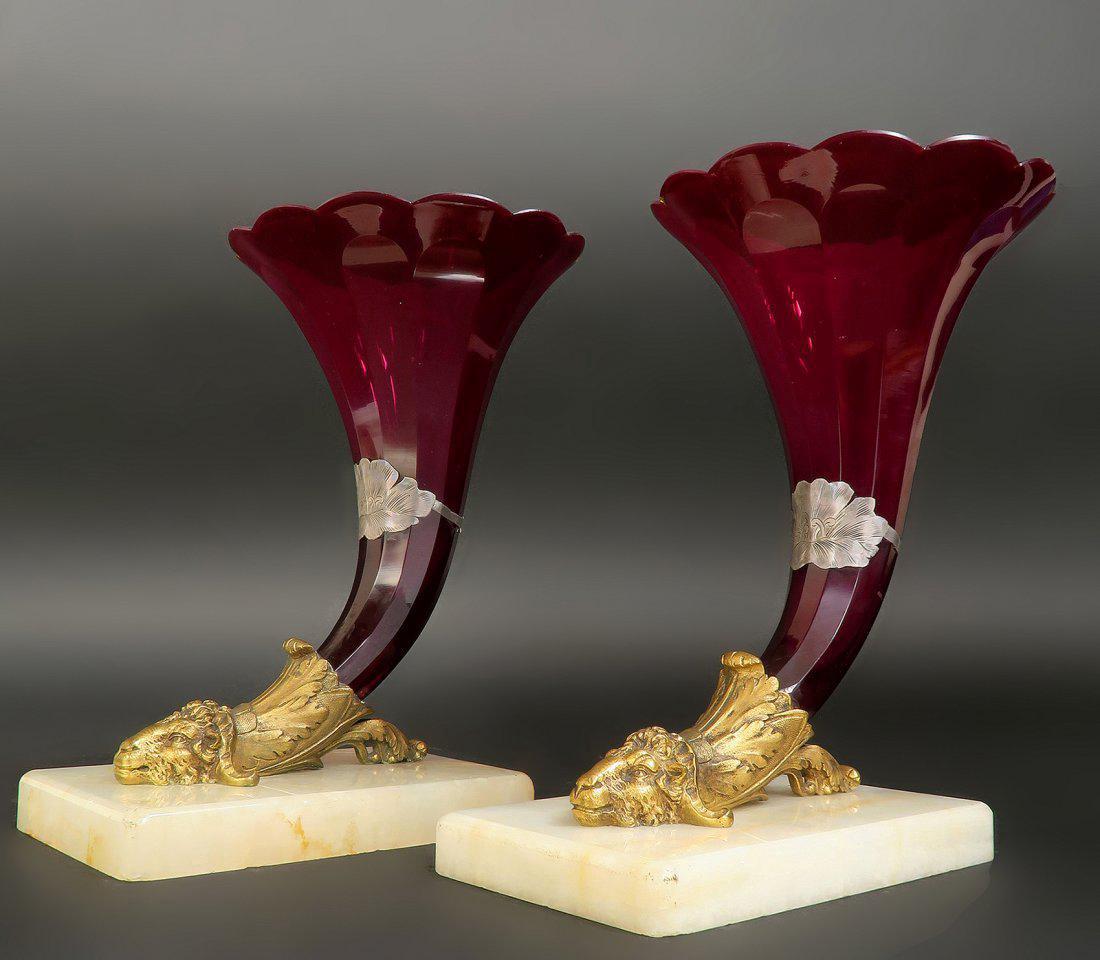 19th C. Baccarat Red Baccarat Glass Cornucopia Vases (1 of 4)