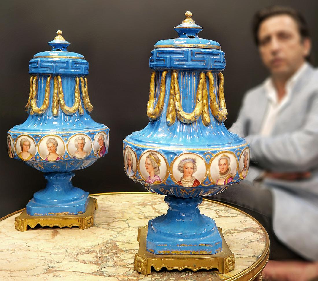 Pair of Hand Painted Sevres Porcelain Portrait Vases (1 of 6)