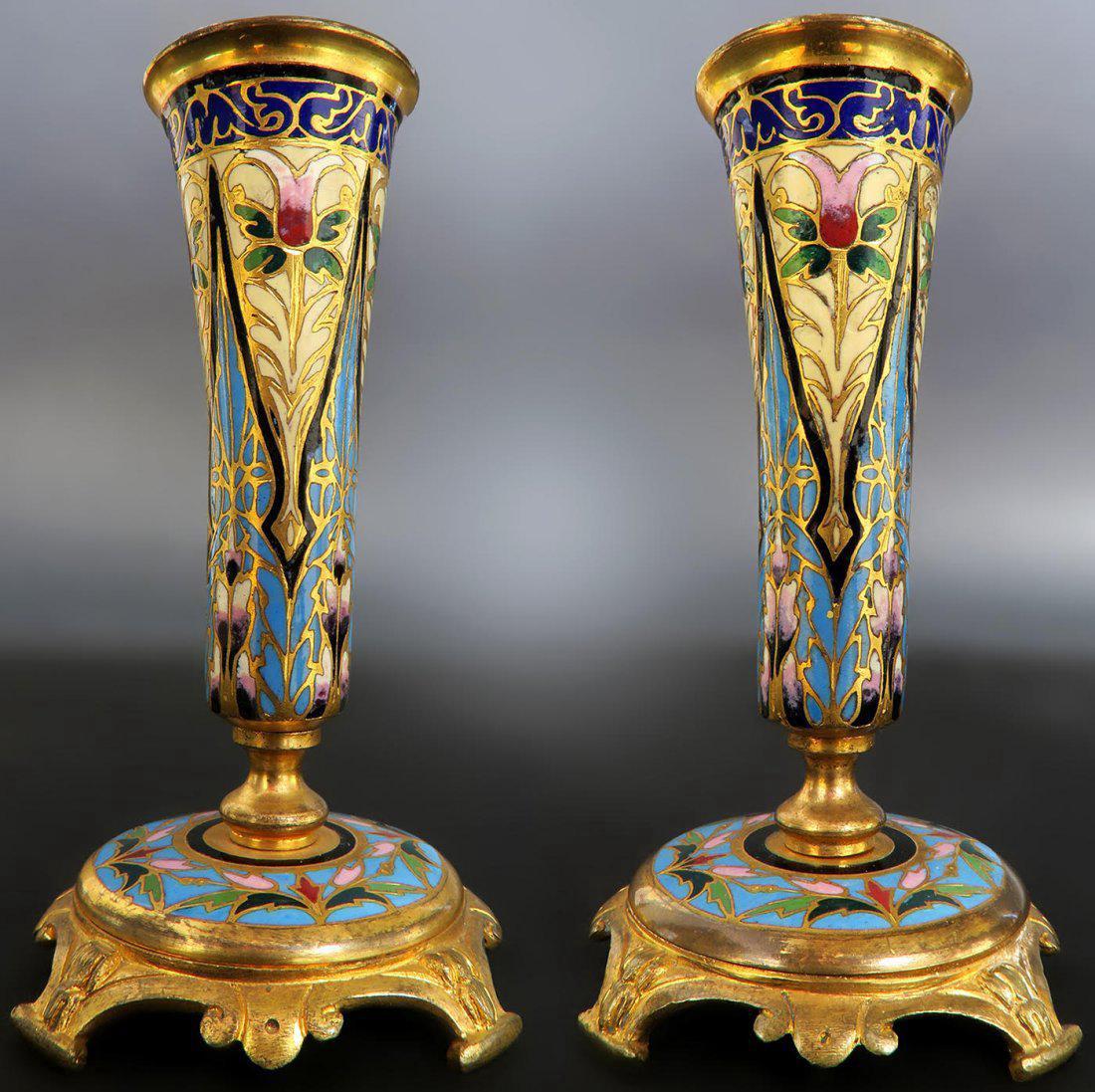 19th C. Pair of French Bronze & Champleve Vases (1 of 3)