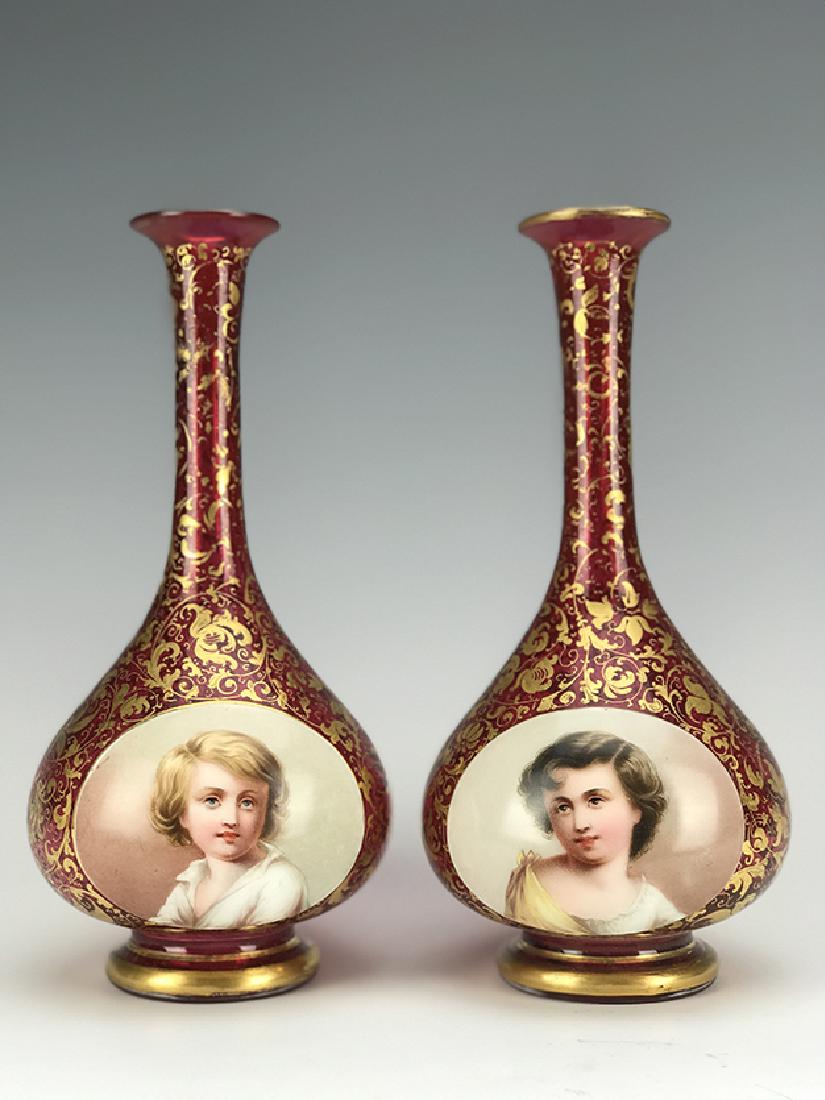 19th C. Pair of Bohemian Hand Painted Vases (1 of 3)