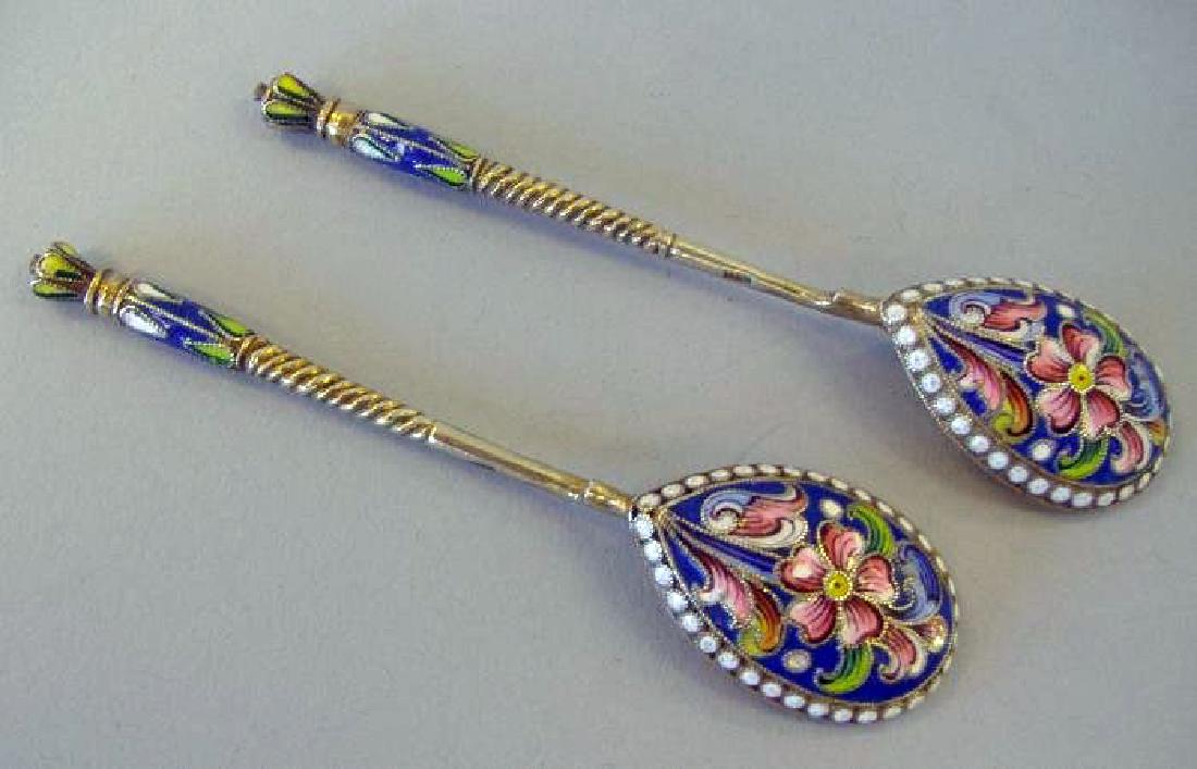 Two Russian Gilt Silver & Cloisonne Enamel Spoons