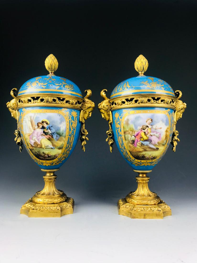 LARGE SEVRES GILT ORMOLU VASES ON GESSO STANDS (1 of 7)