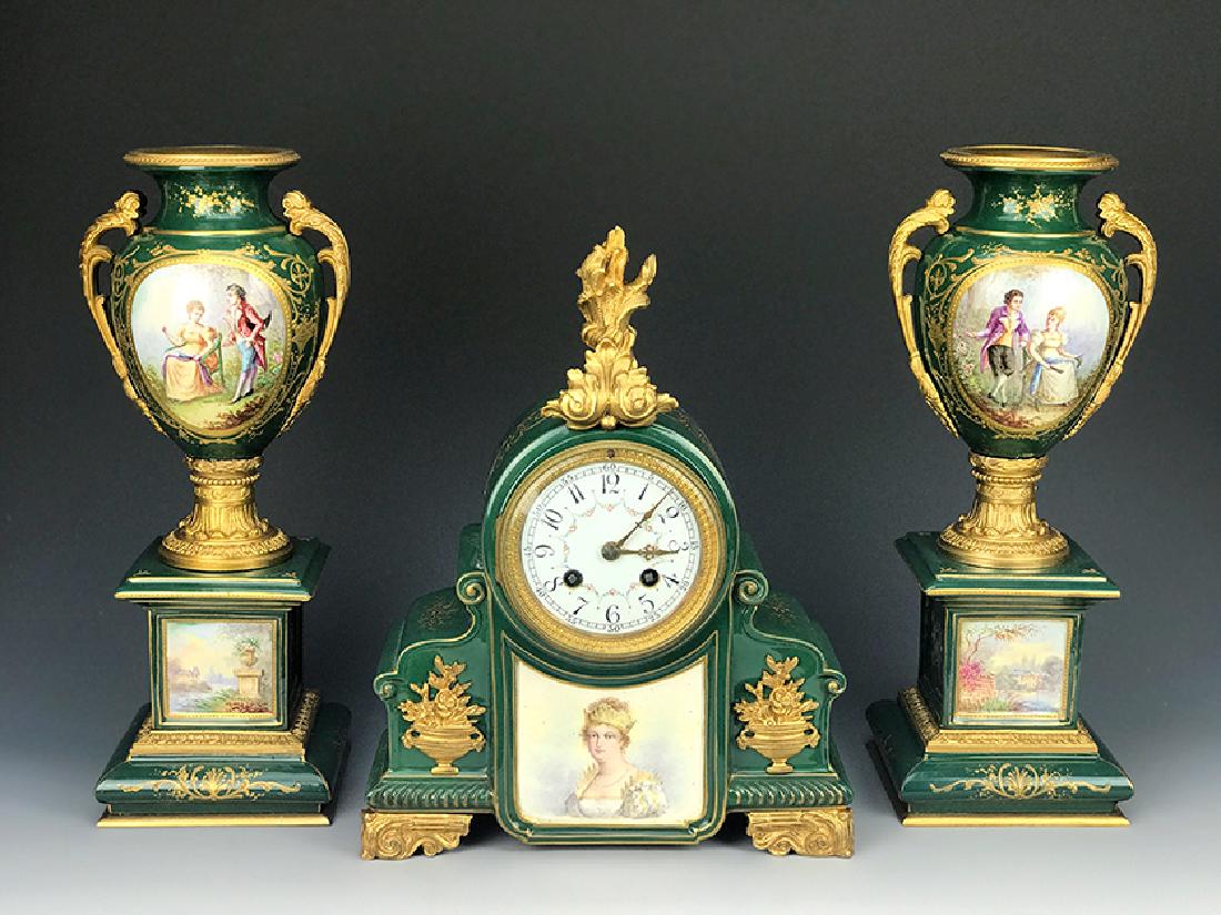 19th C. French Bronze & Sevres Porcelain Clock Set (1 of 6)