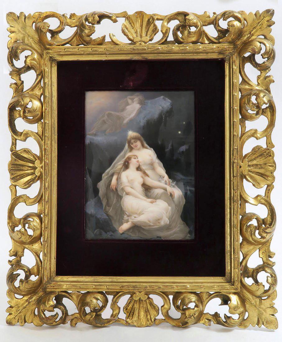 Large Magnificent Belin KPM Plaque: Fabulous 19th C. Stamped KPM Enamel Painting on Porcelain Plaque with Nude Ladies. Frame 20 x 17 - Plaque 9.5 x 7