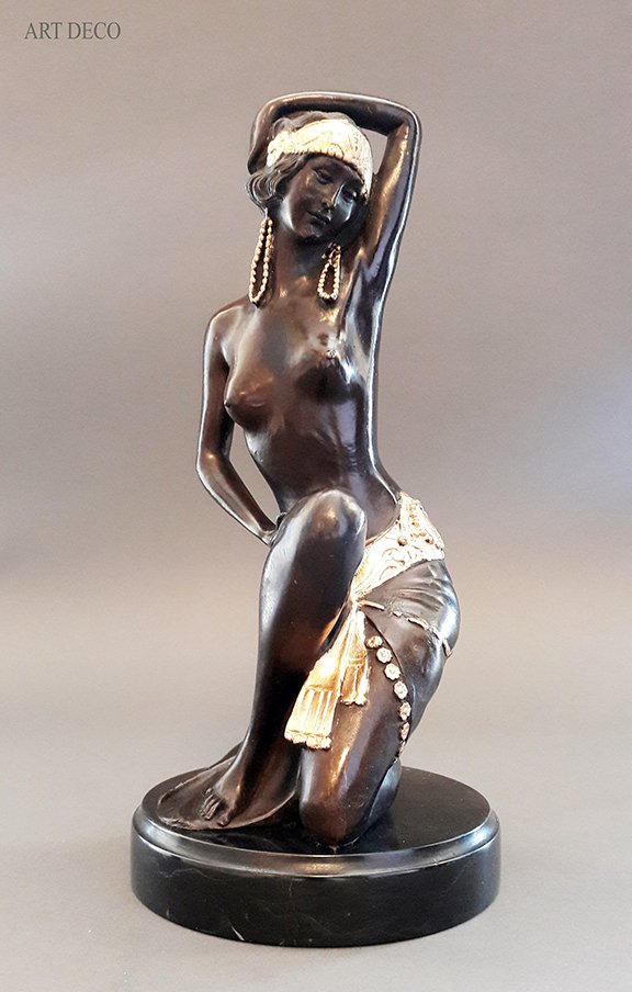 Art Deco \"Semi Nude Gypsy Dancer\" Bronze Statue: A Cute Art Deco \"Kneeling Semi Nude Gypsy Dancer\" Hot Cast Bronze Sculpture on Black Marble Base. Signed By \"B.C.Zheng\" With \"Bronze Masters\" Foundry Stamp. H 12.1/4\" x D 5.3/4\"; Weight: 7.5 l