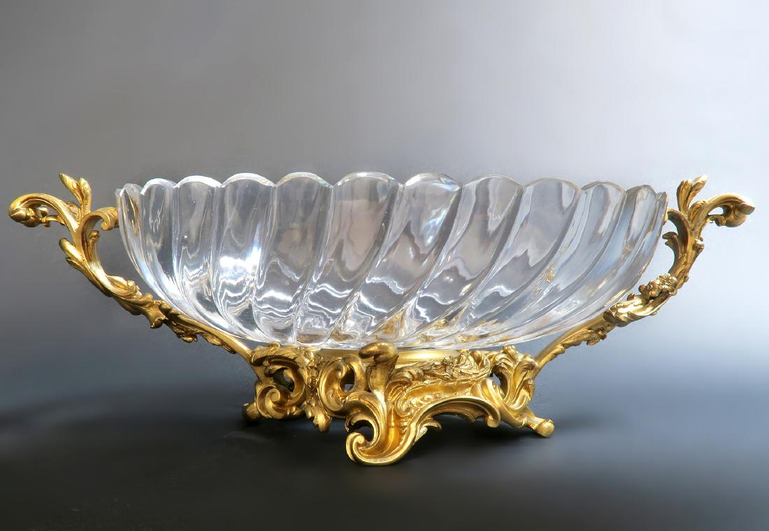 19th C. French Baccarat Crystal Bronze Centerpiece: 19th C. French Baccarat Crystal Bronze Centerpiece. W 20" x H 7"