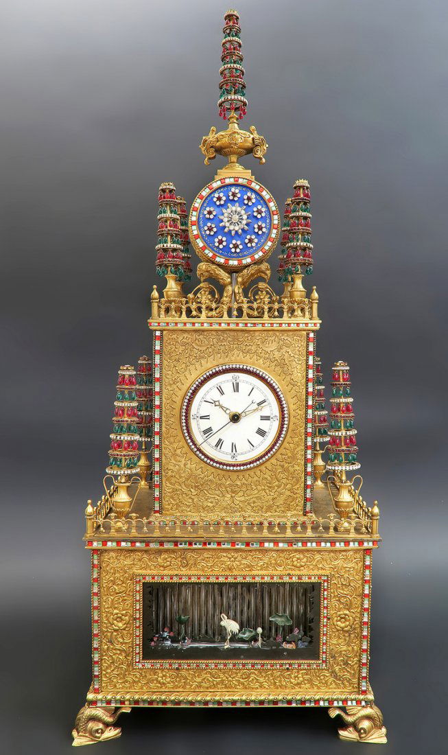 19th C. CHINESE ENAMELED JEWELED BRONZE AUTOMATON CLOCK (1 of 15)