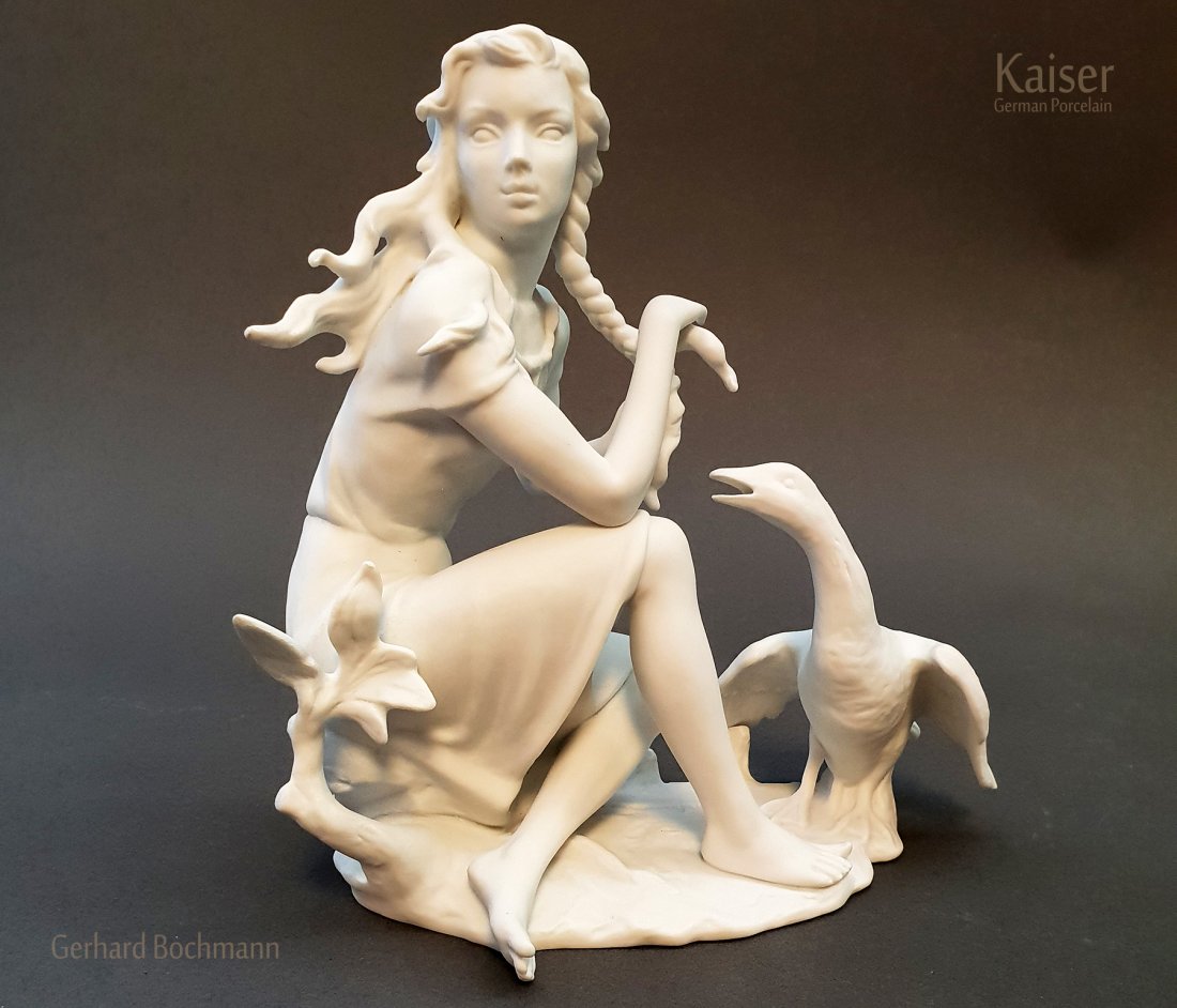 A Kaiser Girl & Goose Porcelain Statue, Bochmann Signed: A Vintage German Kaiser Bisque Porcelain "Seated Girl & Goose" Sculpture By "Gerhard Bochmann". Artist Signed, 20 Century, Western Germany, Kaiser Porcelain Figurine, Model No. #377, Designed and Sign