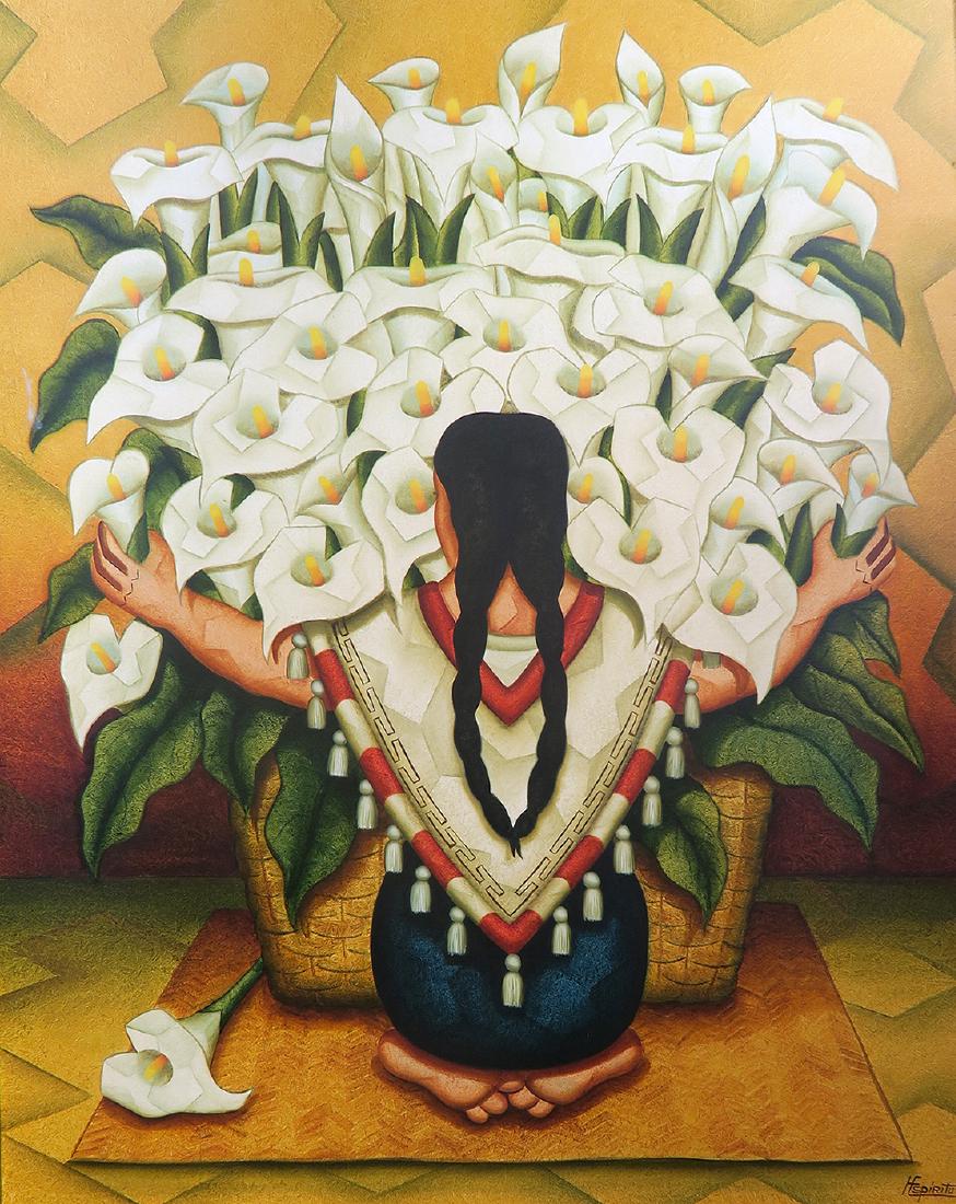"Lady holding Flowers" Large Oil on Canvas By H.Spiritu (1 of 2)