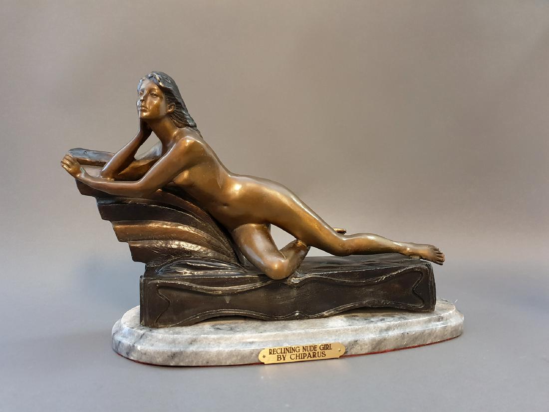 After CHIPARUS Reclining Nude Girl Bronze Statue Signed: A Rare After D.H.CHIPARUS "Reclining Nude Girl" Vintage Patina-ted Bronze Sculpture on Marble Base (Heavy Weight), Signed! Early 20th Century. 17.1/2" x H 11.1/4 x 5.1/2"