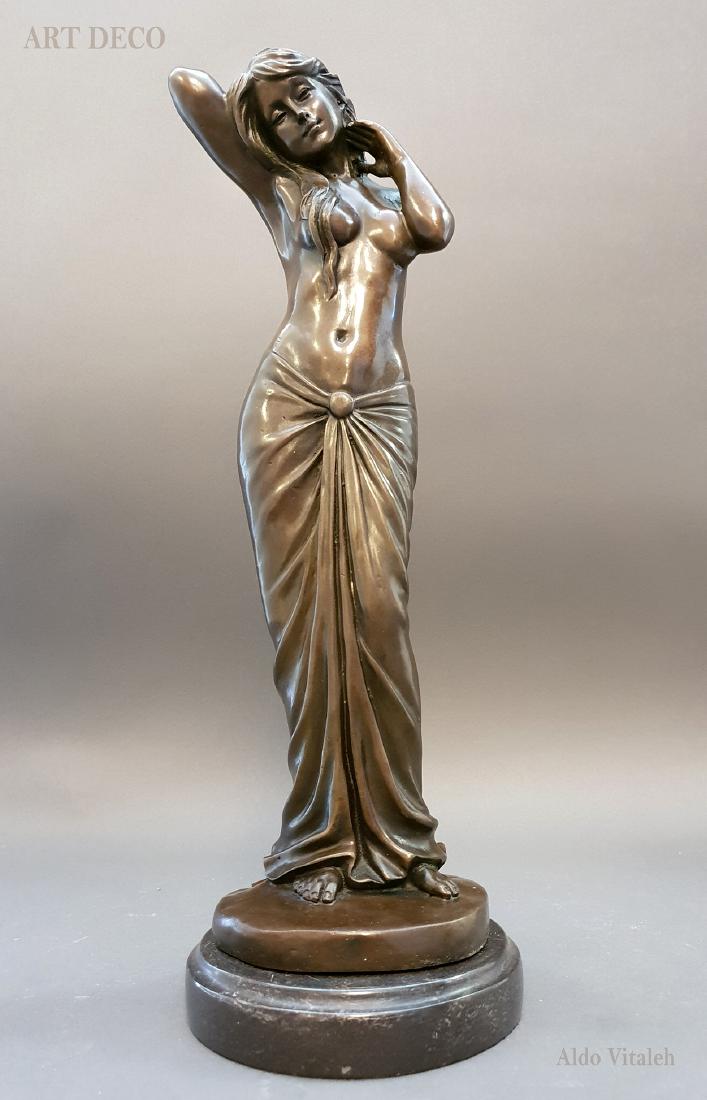 Rare \"Aldo Vitaleh\" Signed Semi Nude Lady Bronze: A Rare Italian original \"Aldo Vitaleh\" Signed Semi Nude Lady Bronze sculpture on Black Marble Base. Artist Signed & Original Bronze Foundry Mark. H 16.1/2\" x W 6\" x D 6\"; Weight: 10 lbs