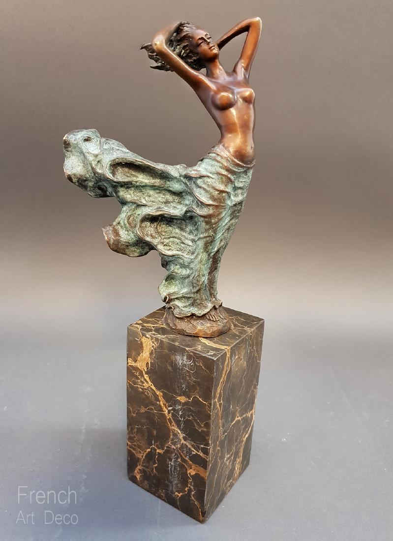 A French Art Deco \"Lady In Wind\" Bronze/Marble Statue: A French Art Deco \"Semi Nude Lady\" Genuine Bronze Sculpture on Marble Base with Paris Bronze Foundry Mark. Total Size: H 12.3/4\" x 4.3/4\" x 3\"