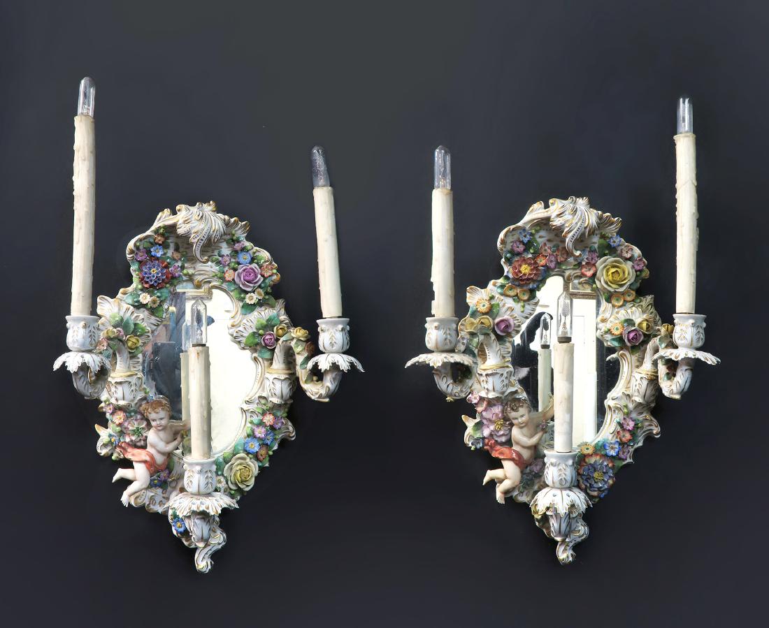 19th C. Pair of Figural Dresden Mirror Sconces (1 of 7)