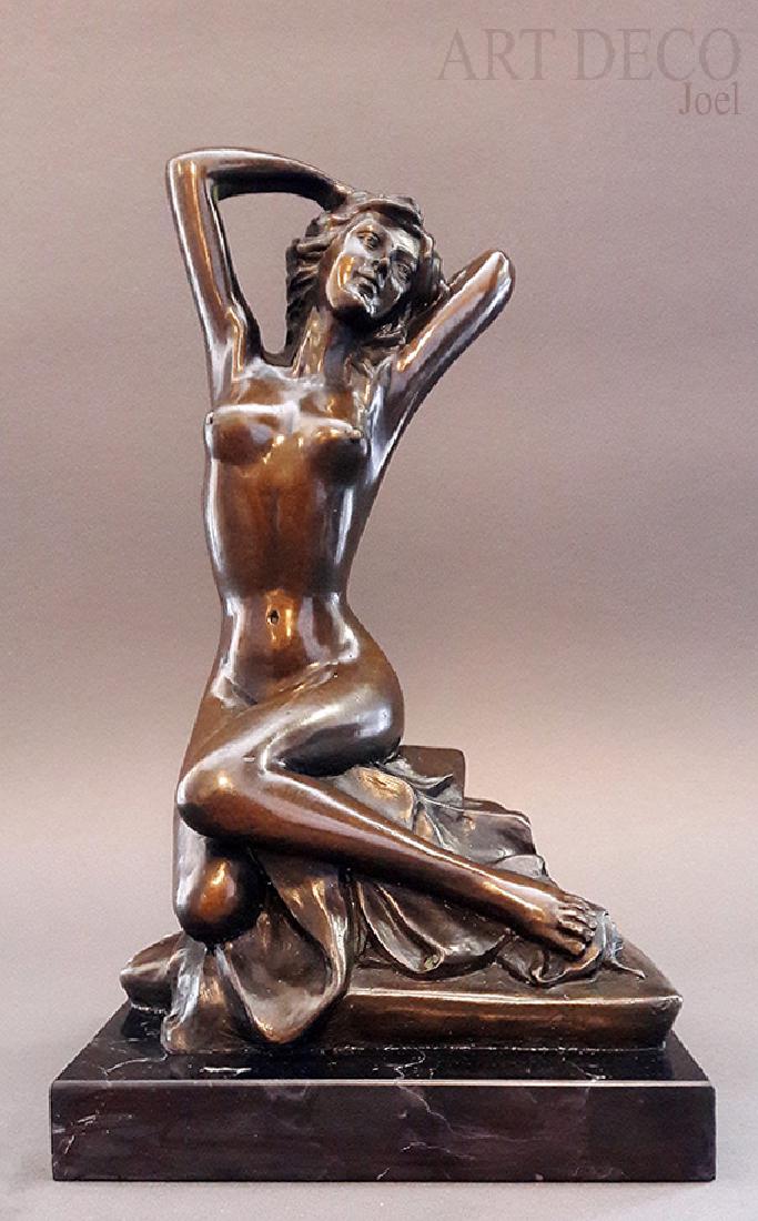 Art Deco "Seated Nude Lady" Bronze Statue, Joel Signed: A Rare Art Deco "Seated Nude Lady" Bronze Sculpture on Black Marble Base. The Item has "Joel" Signed and "Bronze Masters" Foundry Stamp! Total Sizes with The Base: H 12.3/4" x 6.3/4" x 7"