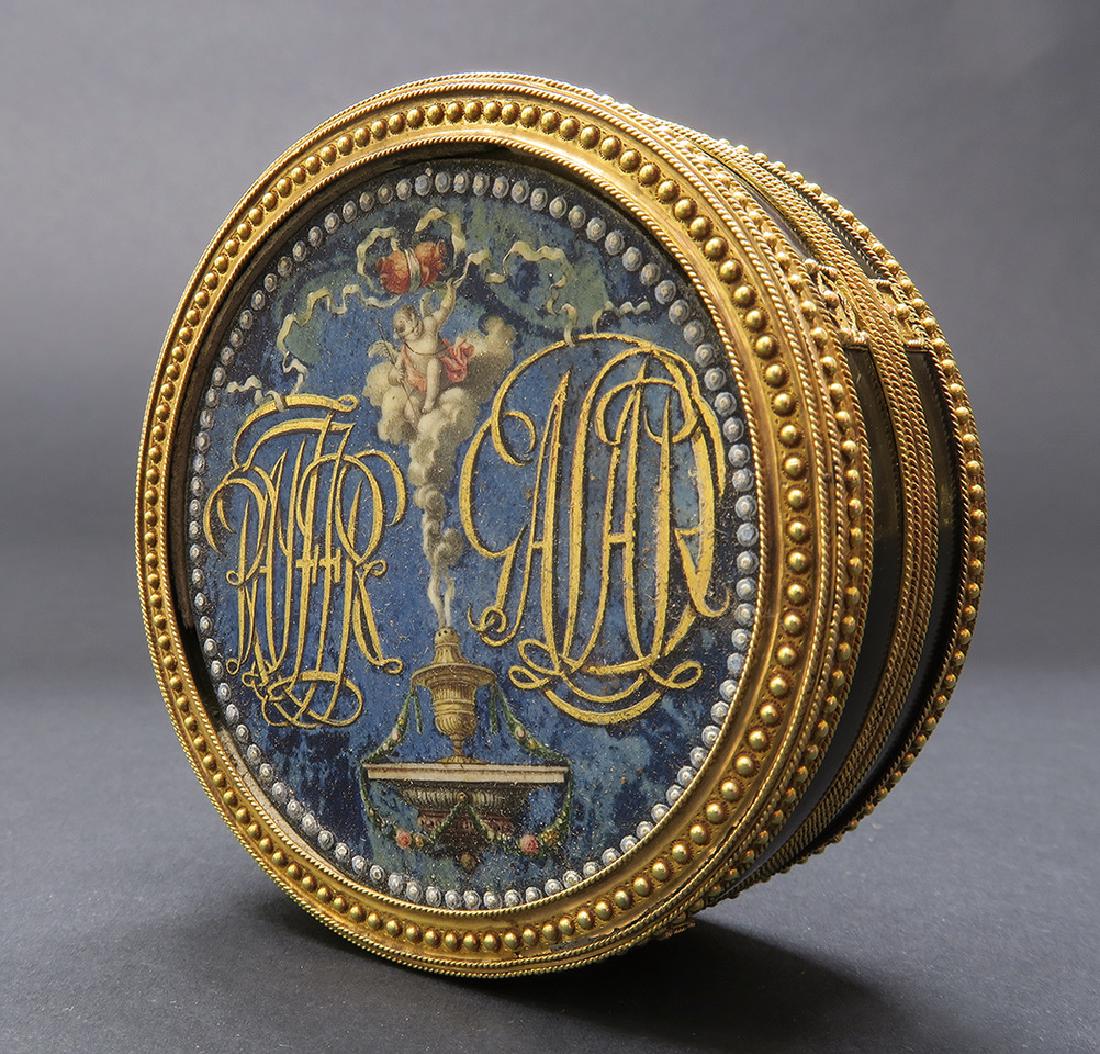 Important French 18th C. Snuff Box: Very important French late 18th century snuff box. 18 karat gold decorated with tortoise shell and hand painted, depicting an angel scene. H 1.25" x D 3" / Weight 137.2 grams