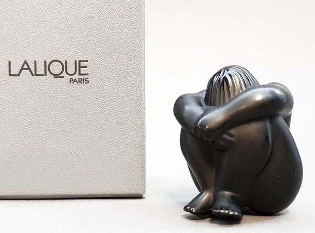 A Lalique "Nahbi Meditating" Black Crystal Figurine: A French Lalique "Nahbi Meditating" Black Crystal Statue with original box, Signed. H 2.1/4"