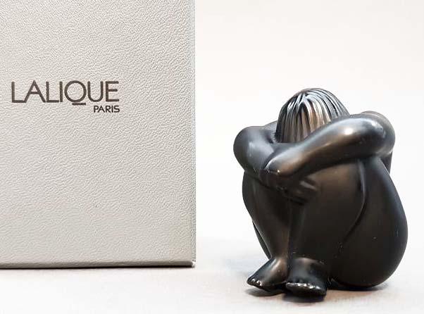 A Lalique "Nahbi Meditating" Black Crystal Figurine: A French Lalique "Nahbi Meditating" Black Crystal Statue with original box, Signed. H 2.1/4"
