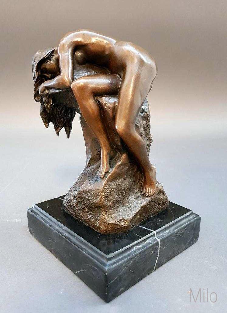 "Nude on Stone" Bronze Sculpture, "Milo" Signed!: An Original Modern Art "Nude Lady on Stone" Bronze Hot Cast By Lost Wax Method Statue on Black Marble Base . The Bronze Figurine Created By Contemporary European Sculptor "Milo" With Artist Signature 