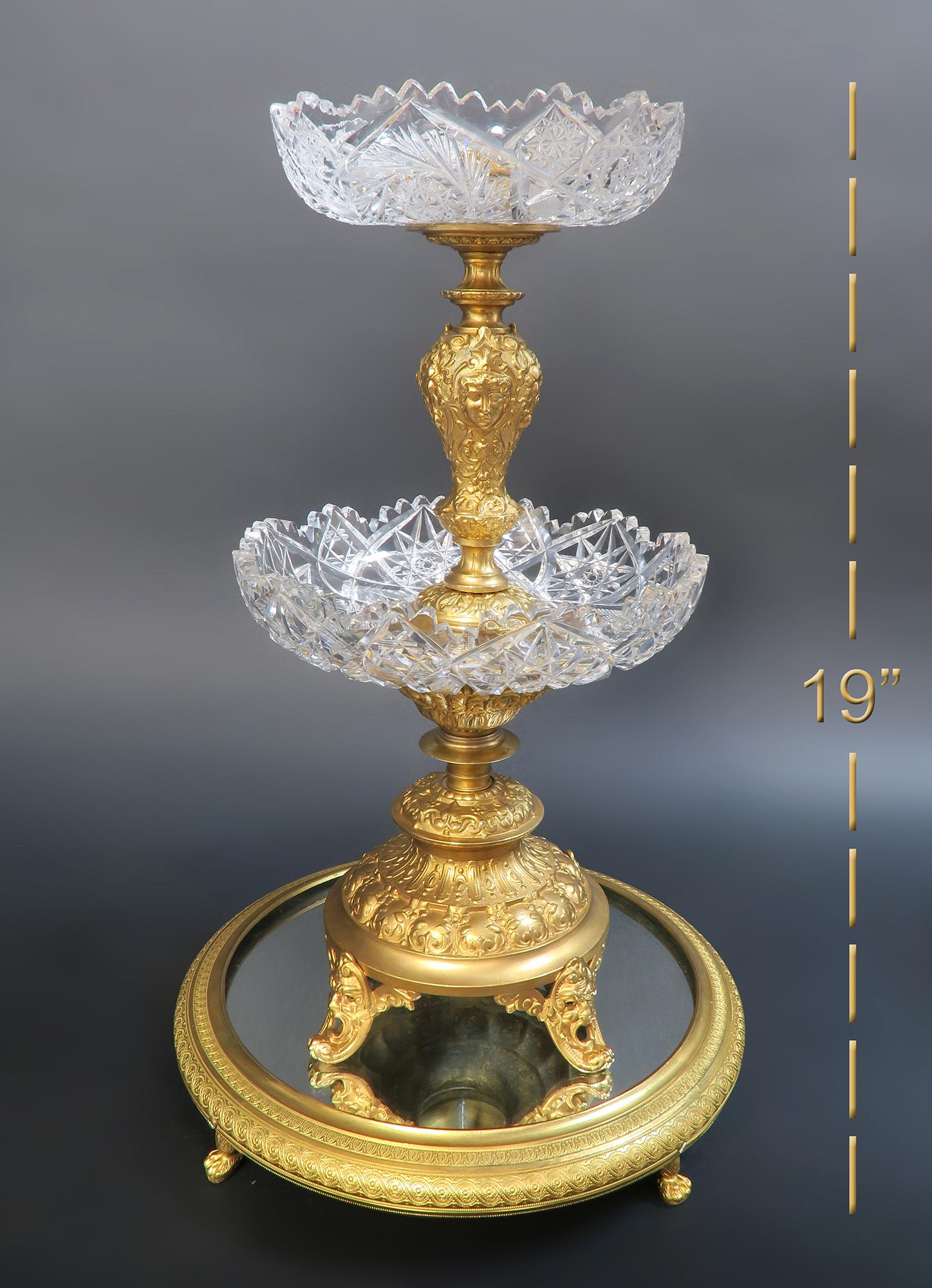 19th C. French Bronze & Crystal Centerpiece/Plateau: 19th C. French Bronze & Cut Crystal Centerpiece and Associated Plateau. H 19" x W 12.5"