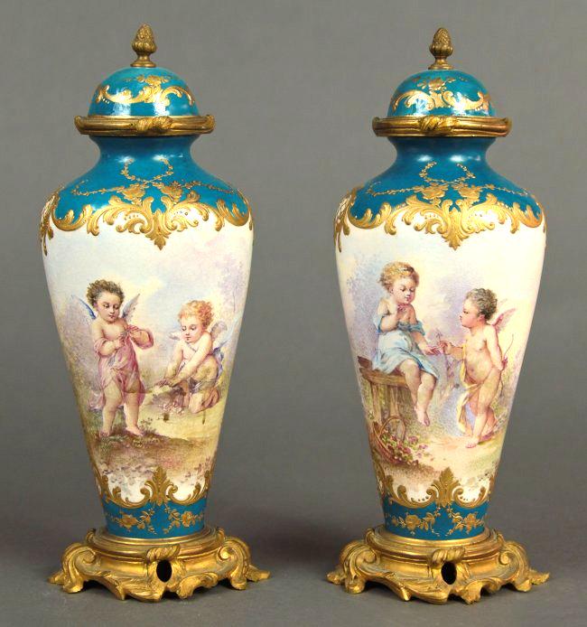 19th C. French Pair of Bronze & Sevres Porcelain Urns (1 of 4)